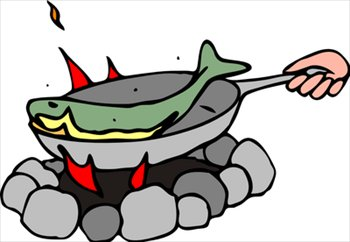 fish in frying pan over campfire